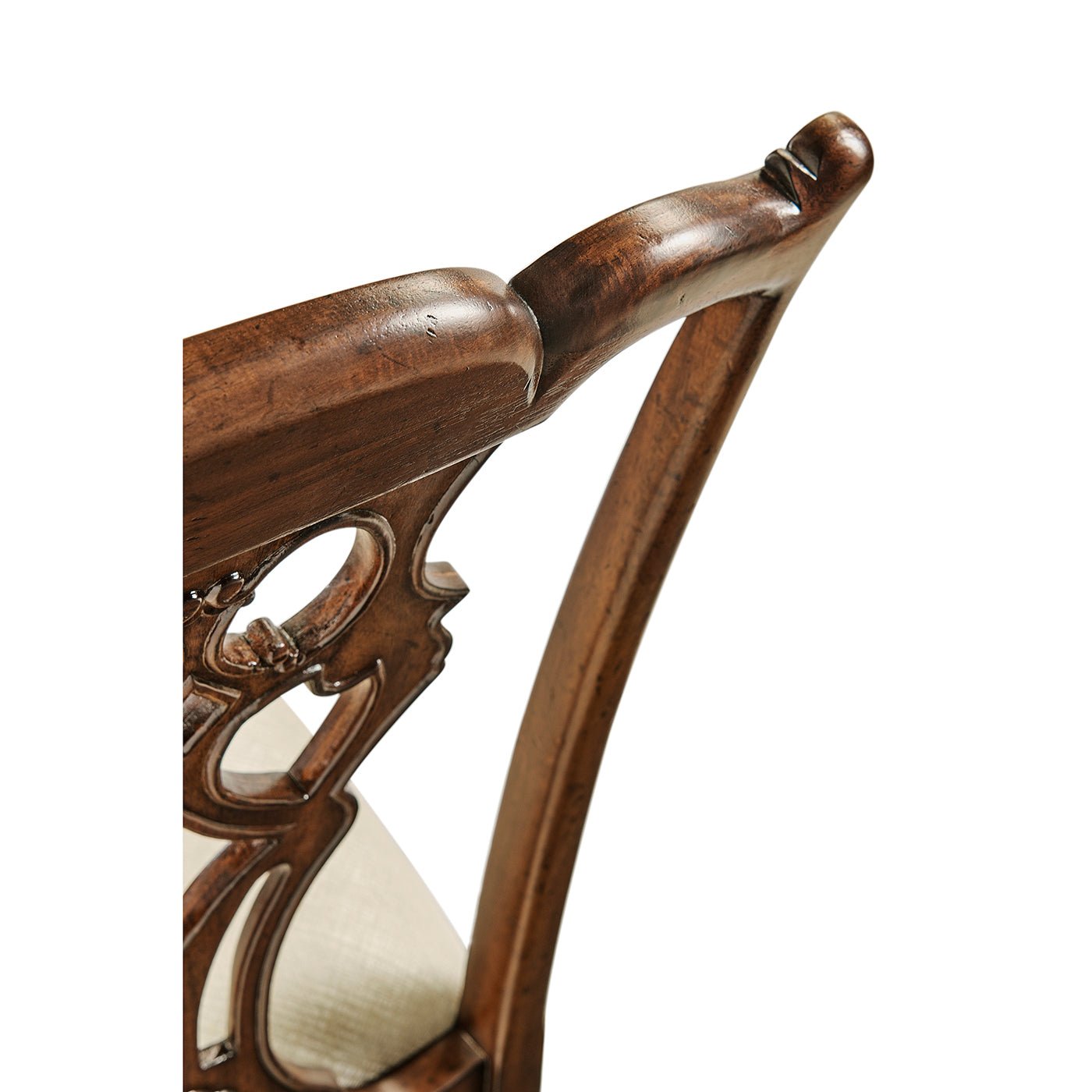 Close-up of chair backrest carving detail, Chippendale mahogany.