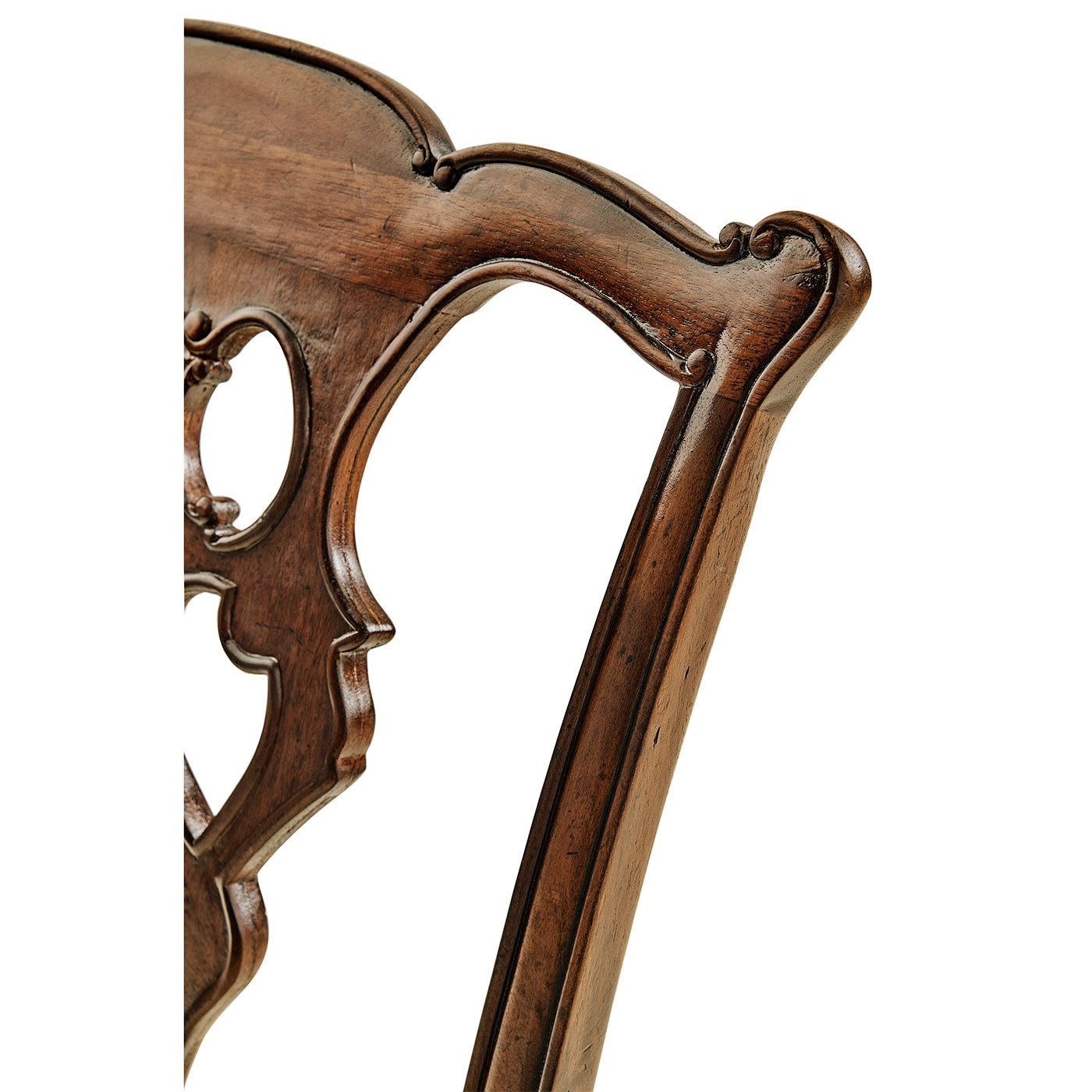 Close-up of Chippendale chair top carving, mahogany wood.