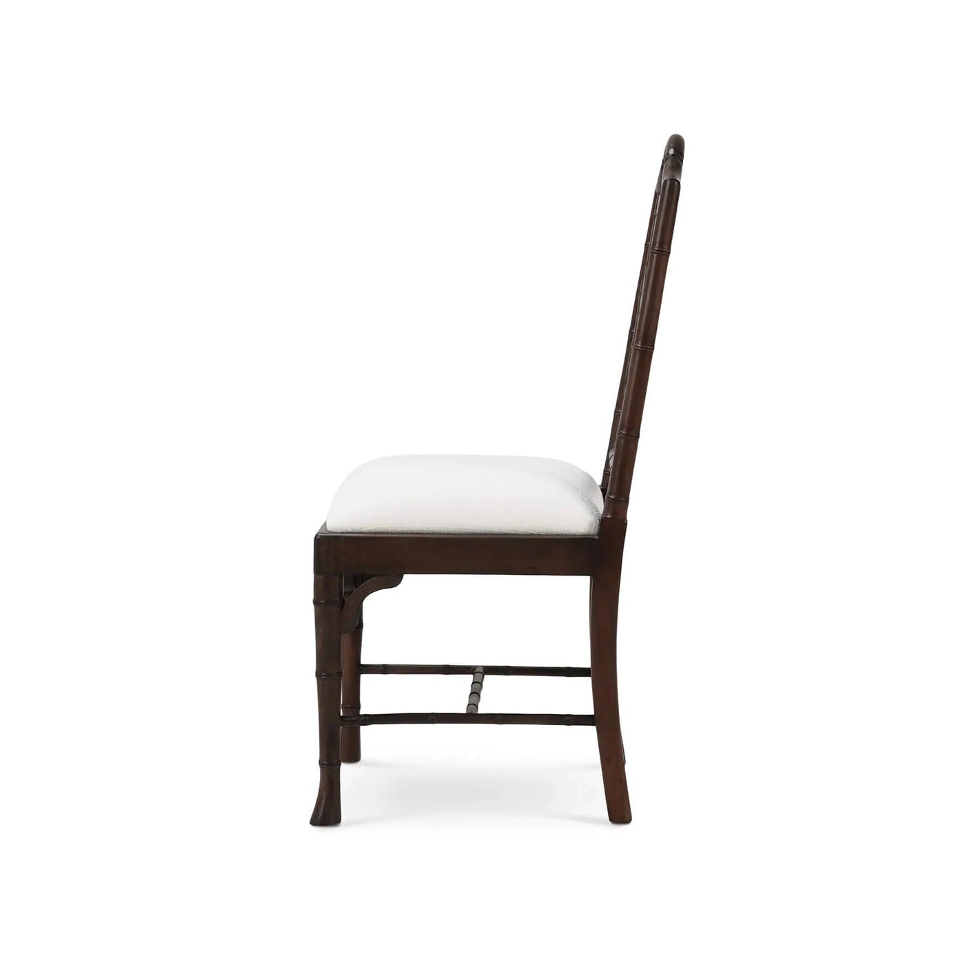 Side profile of Chippendale faux bamboo dining chair.