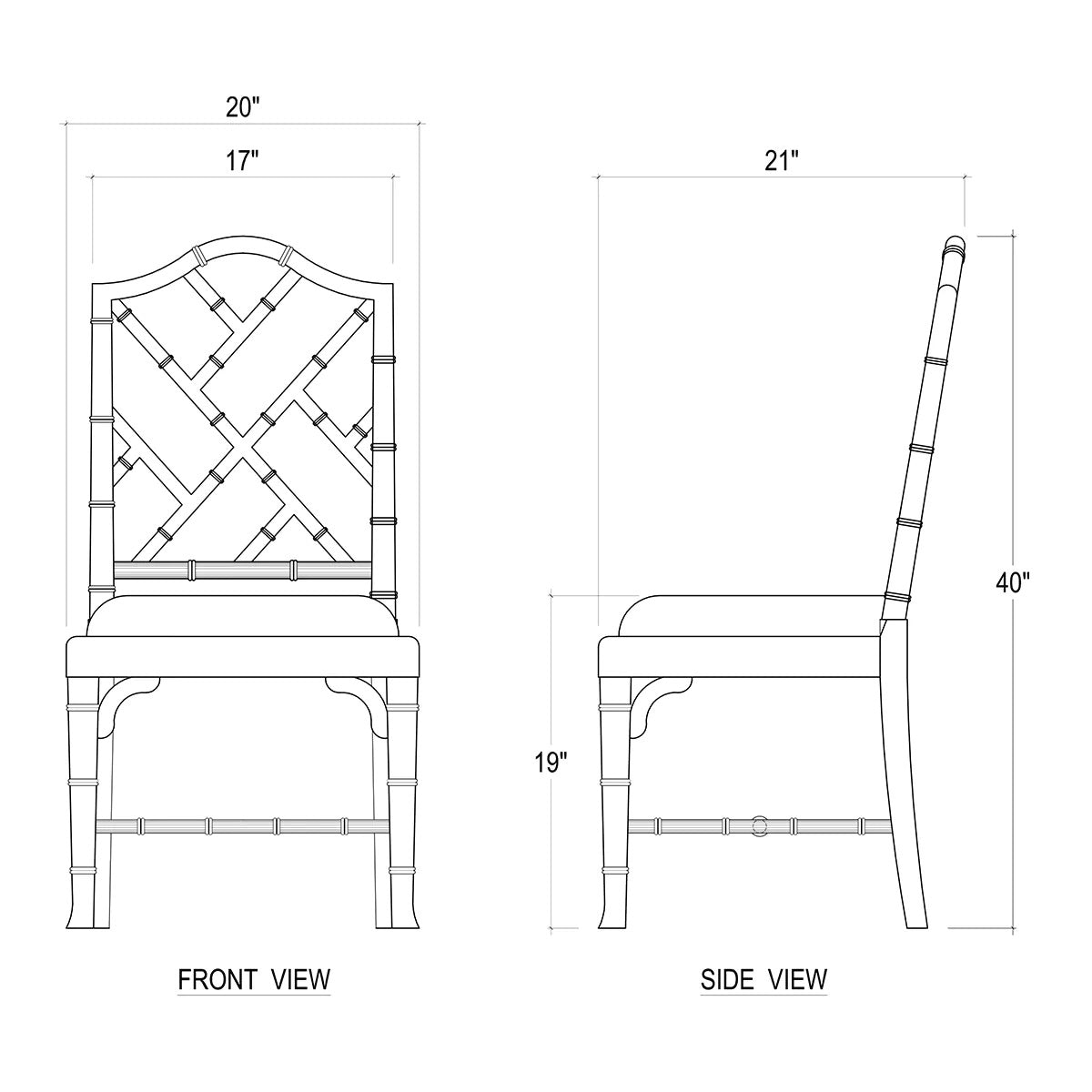 Dimensions of Chippendale faux bamboo dining chair diagram.