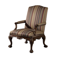 Front view striped Chippendale Gainsborough armchair, carved wood.