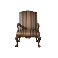 Classic Chippendale Gainsborough armchair, striped fabric, front view.