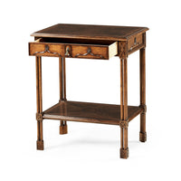 Chippendale Gothic side table with open drawer, angled view.