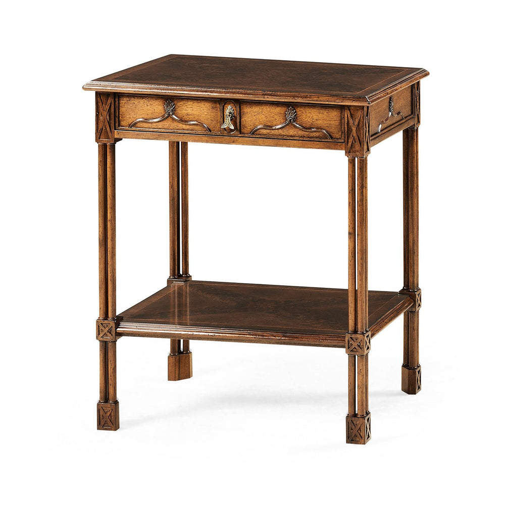 Chippendale Gothic side table with closed drawer, angled view.
