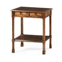 Chippendale Gothic side table with closed drawer, angled view.