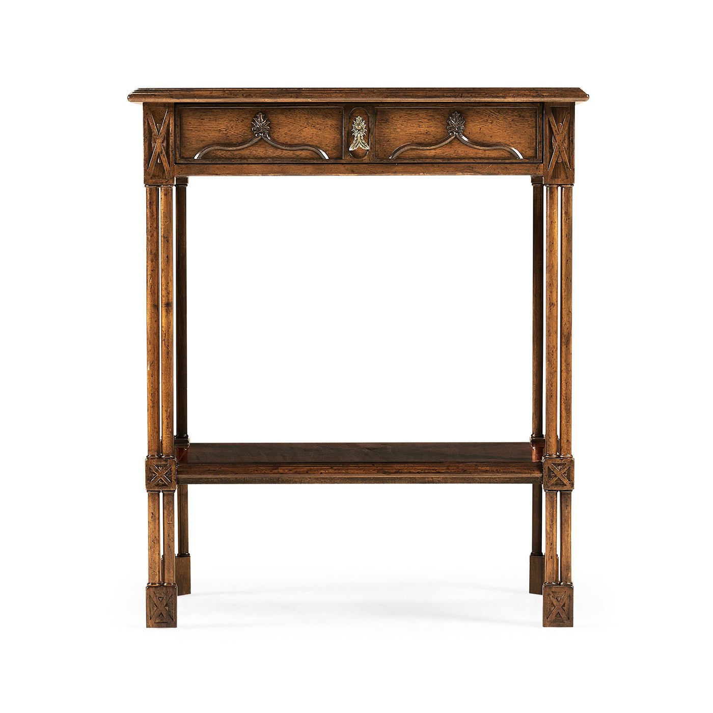 Front view of Chippendale Gothic side table with drawer.
