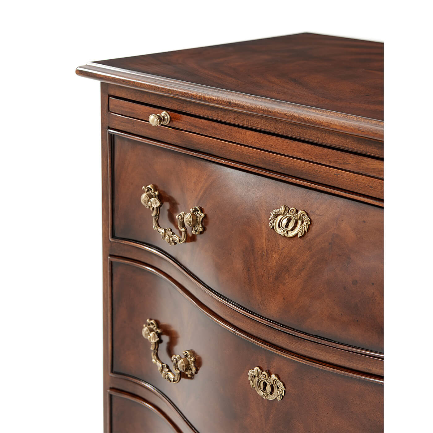 Close-up of nightstand drawer handles and top edge.