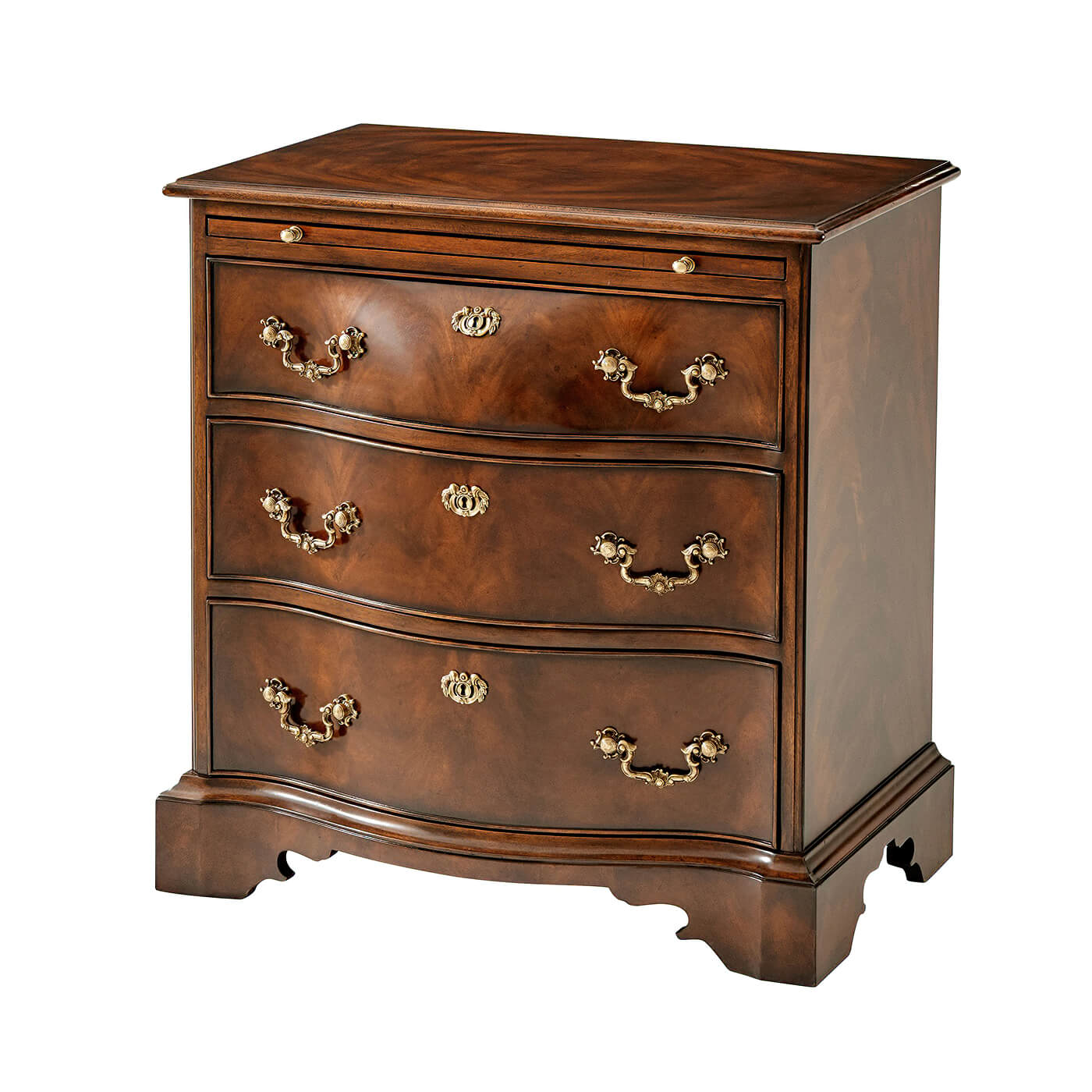 Chippendale mahogany bedside chest, angled view.