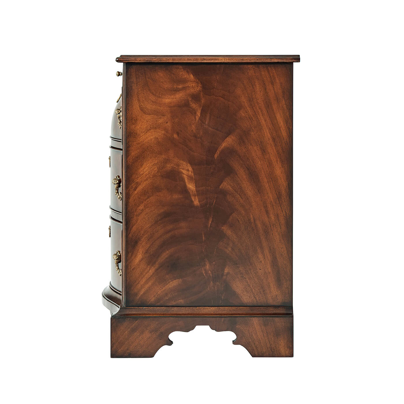 Side view of mahogany bedside chest, grain detail.