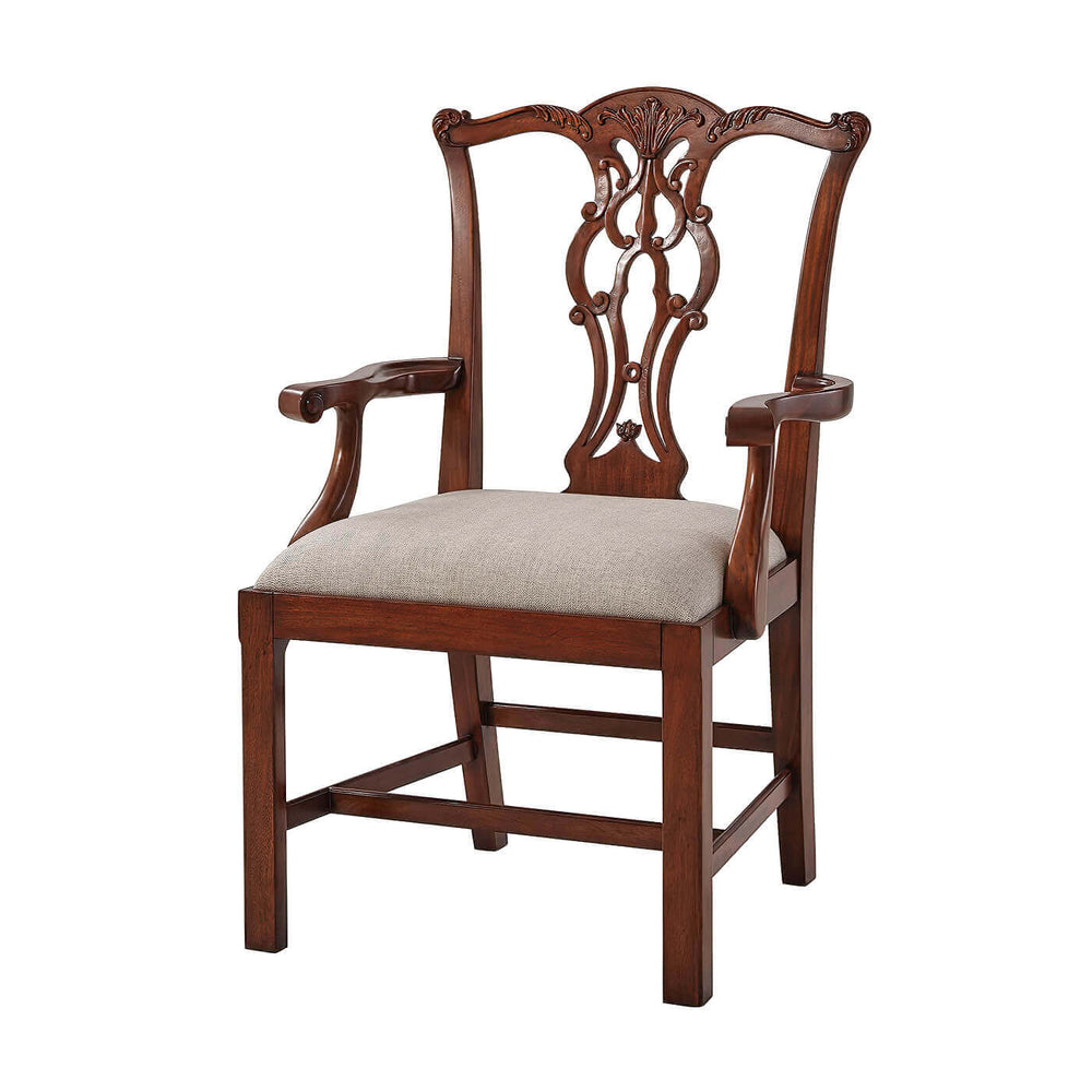 Chippendale mahogany dining armchair front view detailed carving.