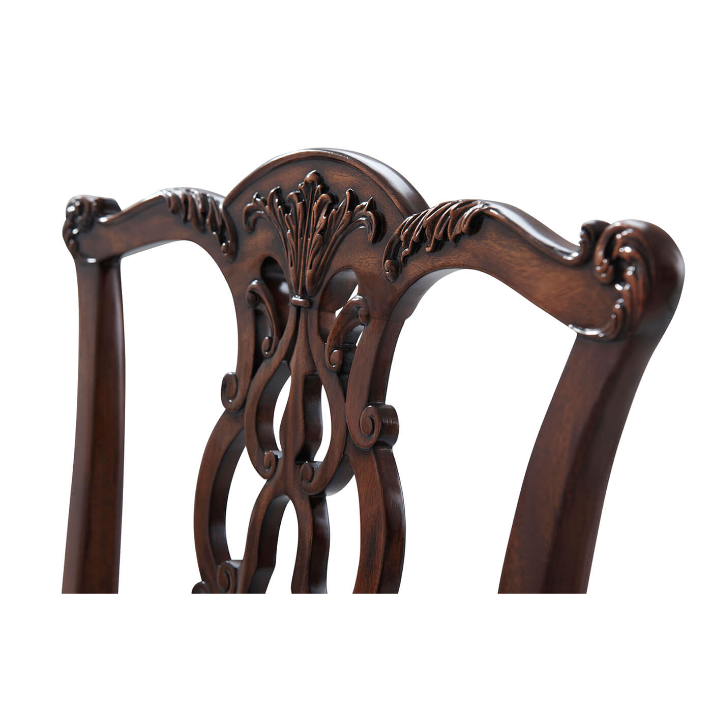 Detailed view of Chippendale mahogany chair top carving.