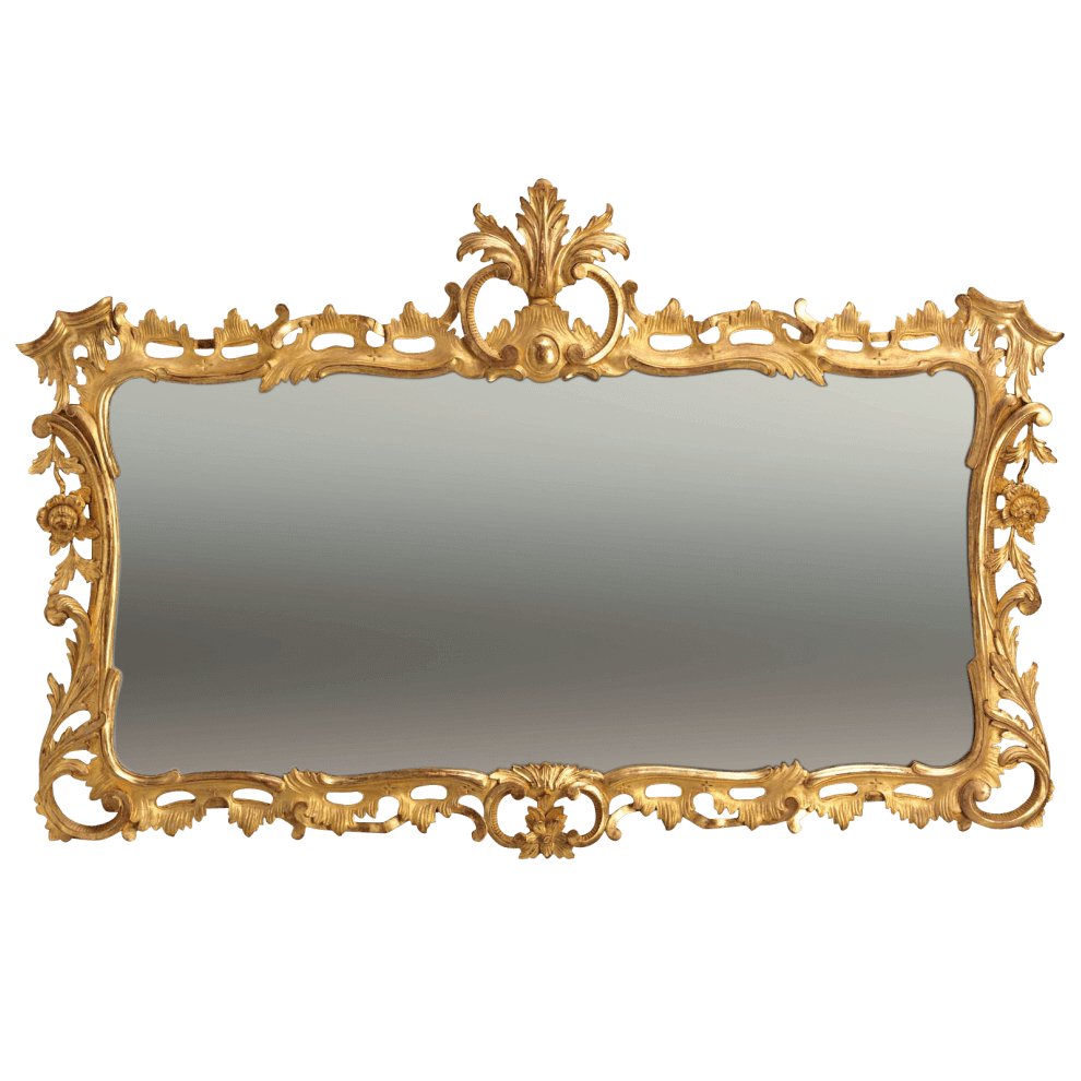 Ornate gold Chippendale overmantle mirror with decorative frame.