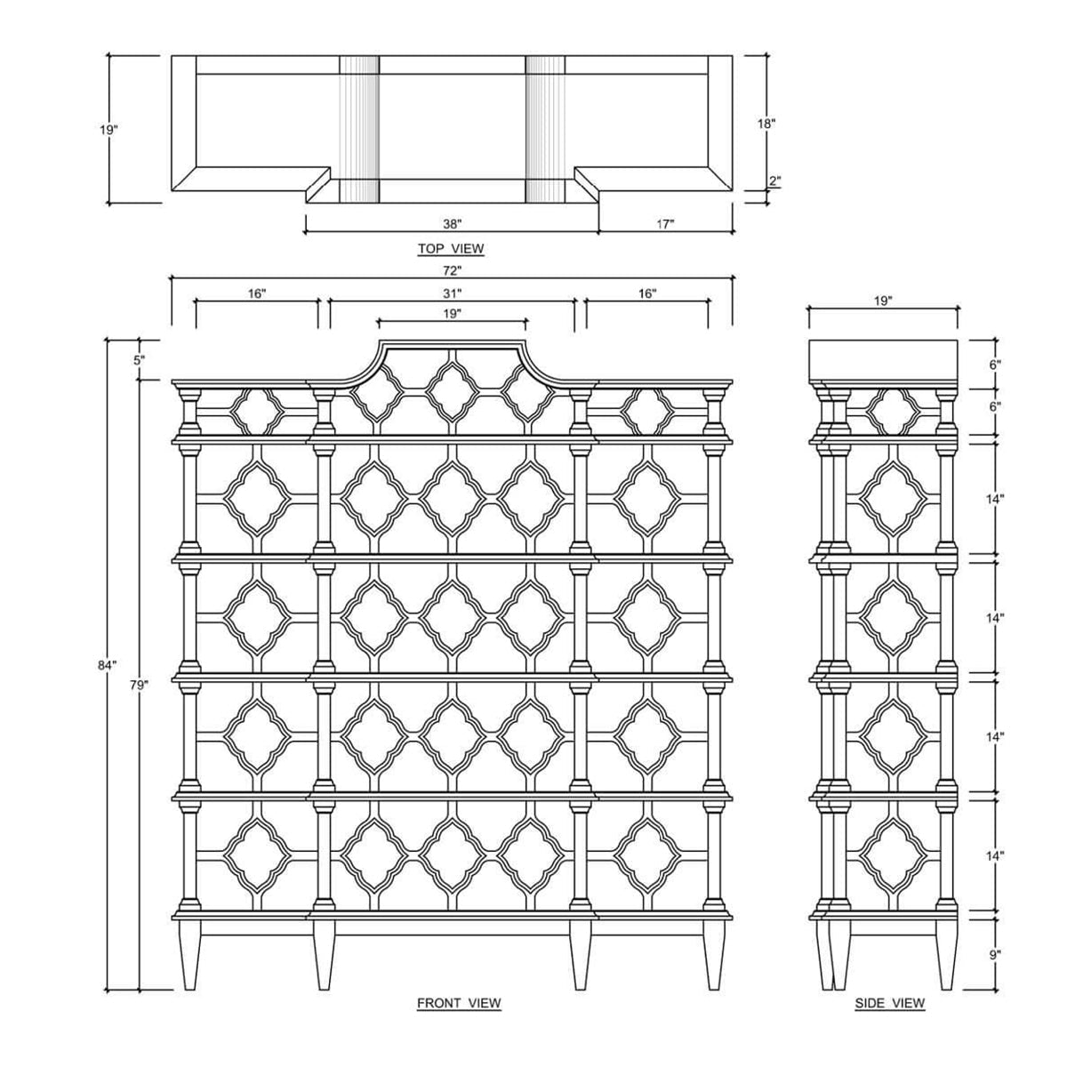 Technical drawing, dimensions of Chippendale trellis bookshelf.