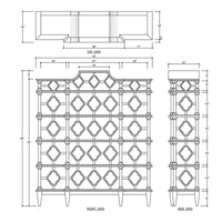 Technical drawing, dimensions of Chippendale trellis bookshelf.