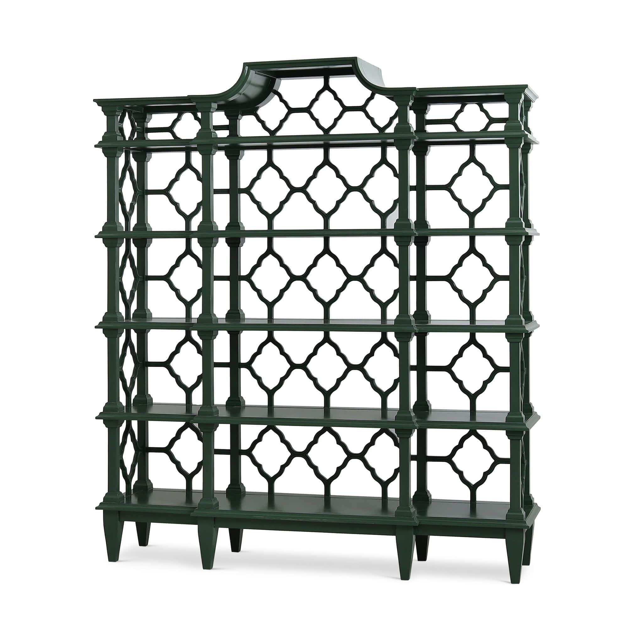 Chippendale Pagoda Style Trellis Bookshelf - Emerald Green Etagere