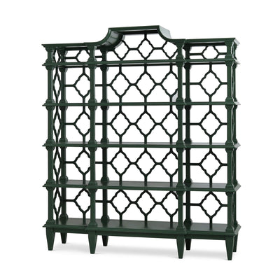Chippendale pagoda bookshelf emerald green, perspective view.