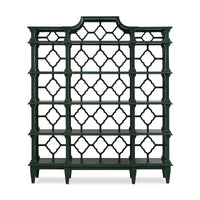 Front view of emerald green Chippendale trellis bookshelf.