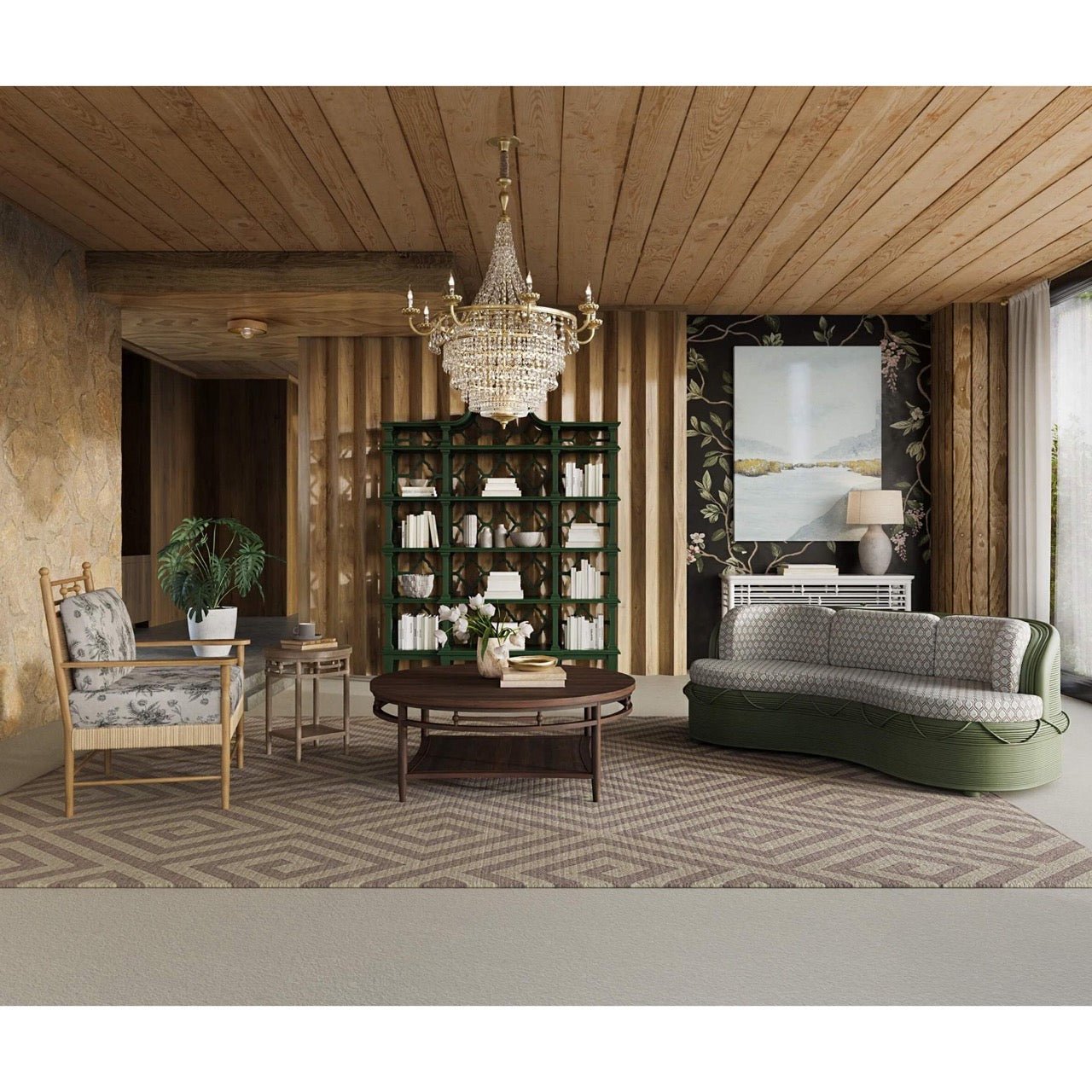 Elegant living room with green Chippendale bookshelf.