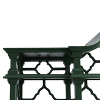 Close-up of top corner, Chippendale green bookshelf.