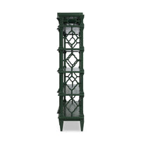 Side profile of emerald green Chippendale bookshelf.