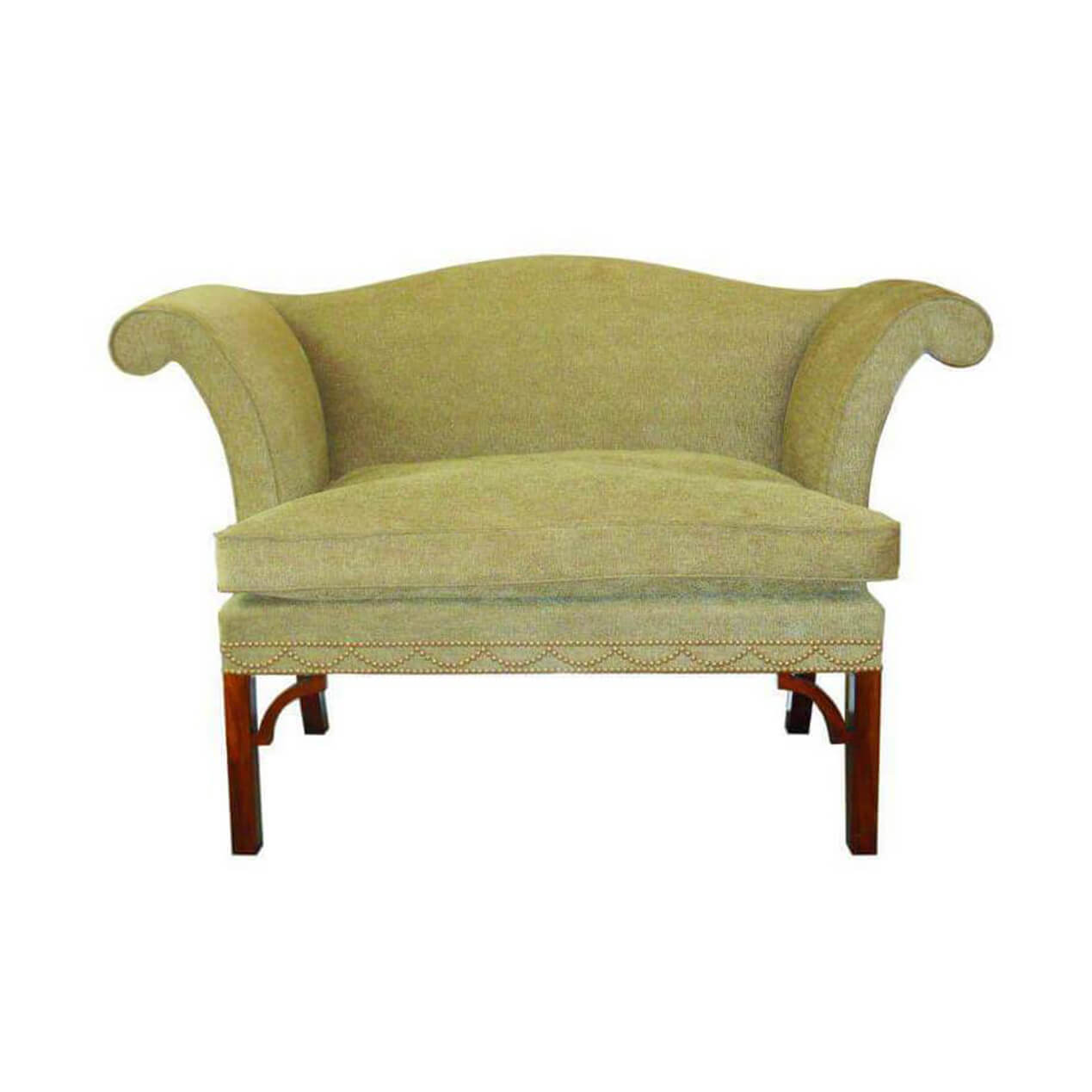 Chippendale sofa with camel back and rolled arms.