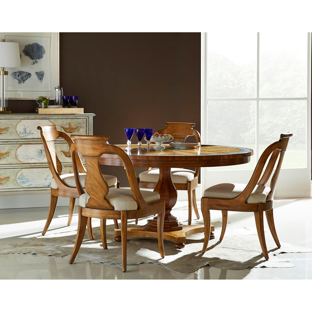 Classic antique dining chairs set around dining table.