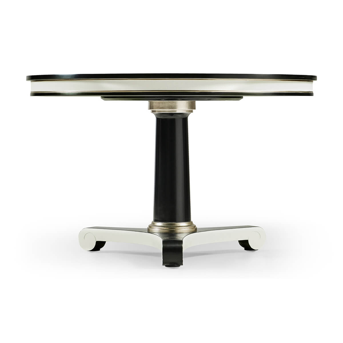 Side view of round black and white dining table.