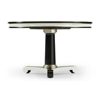 Side view of round black and white dining table.
