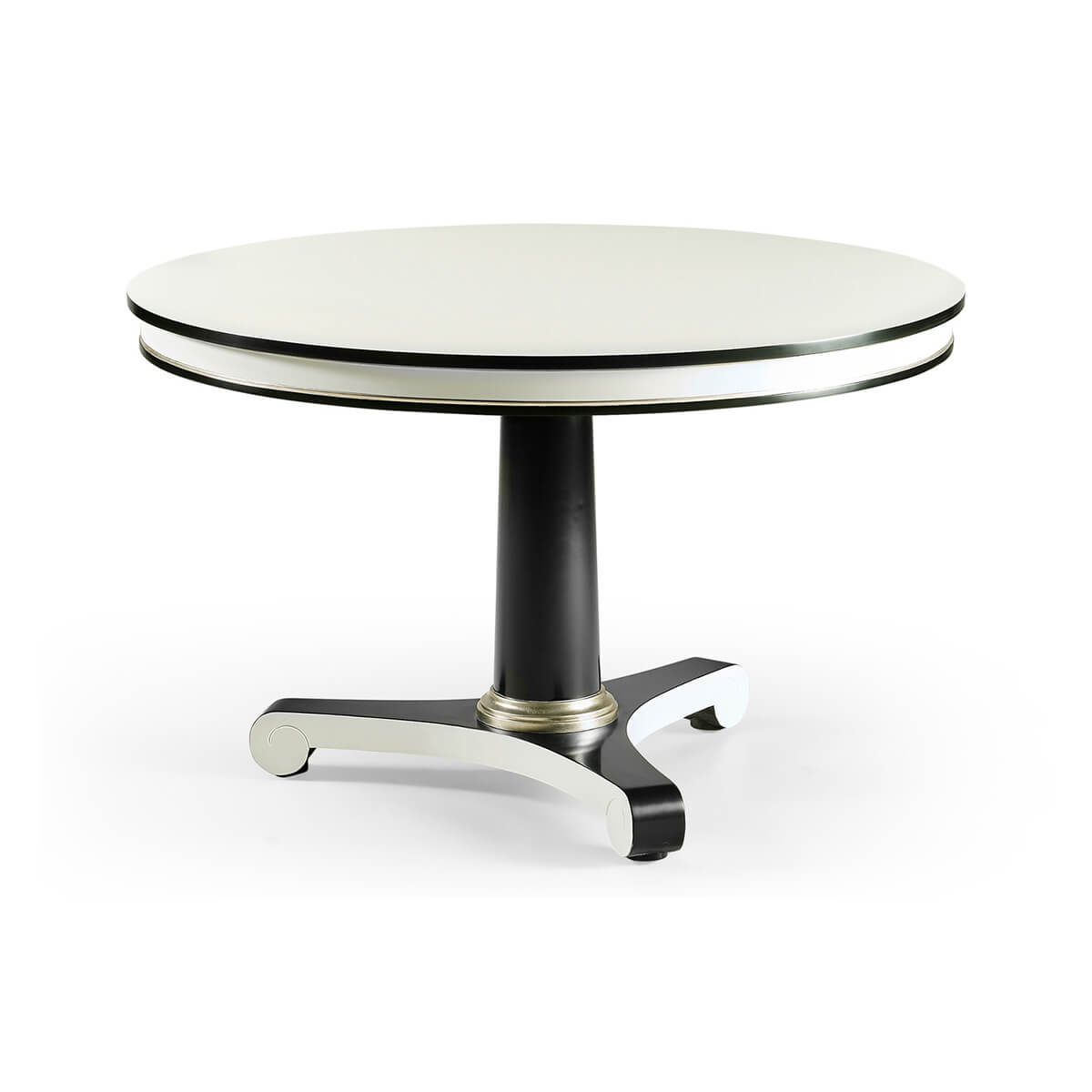 Round black and white dining table with pedestal base.
