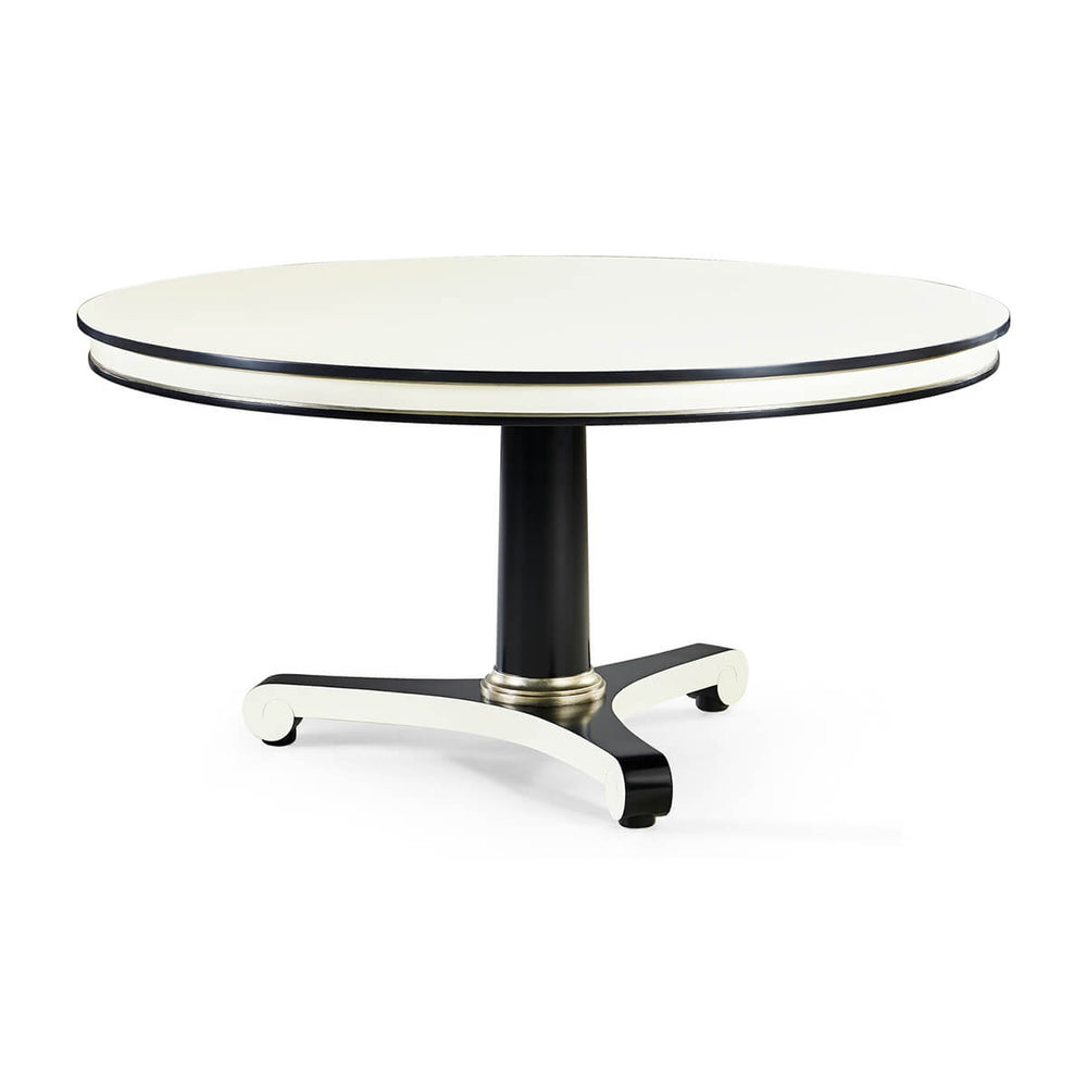 Classic black and white dining table, angled view.