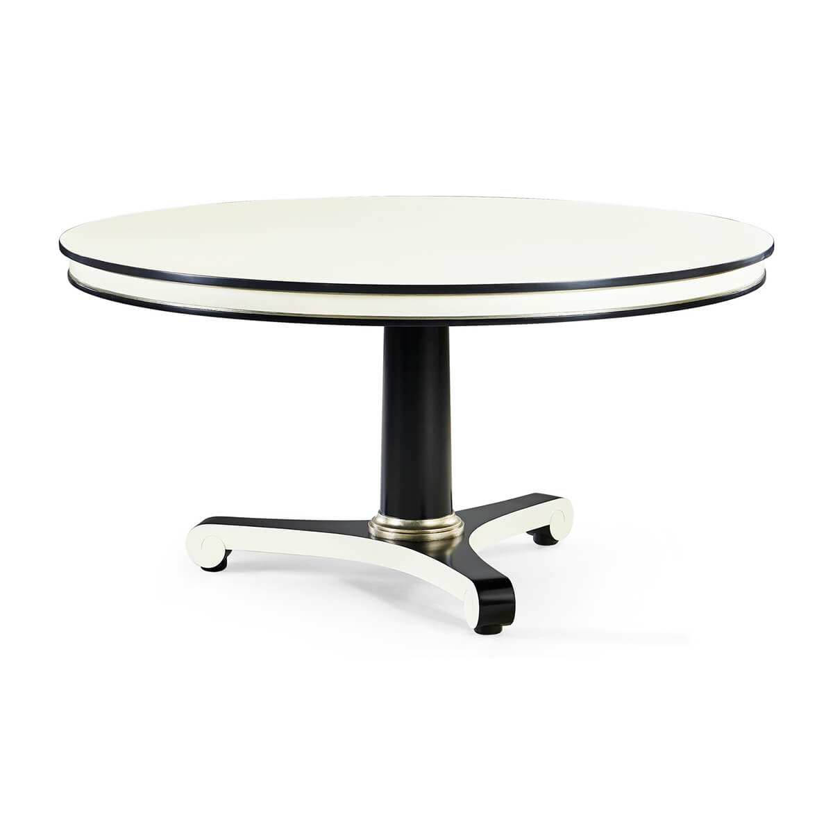 Classic black and white dining table, angled view.
