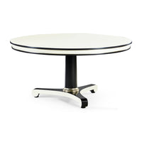 Classic black and white dining table, angled view.