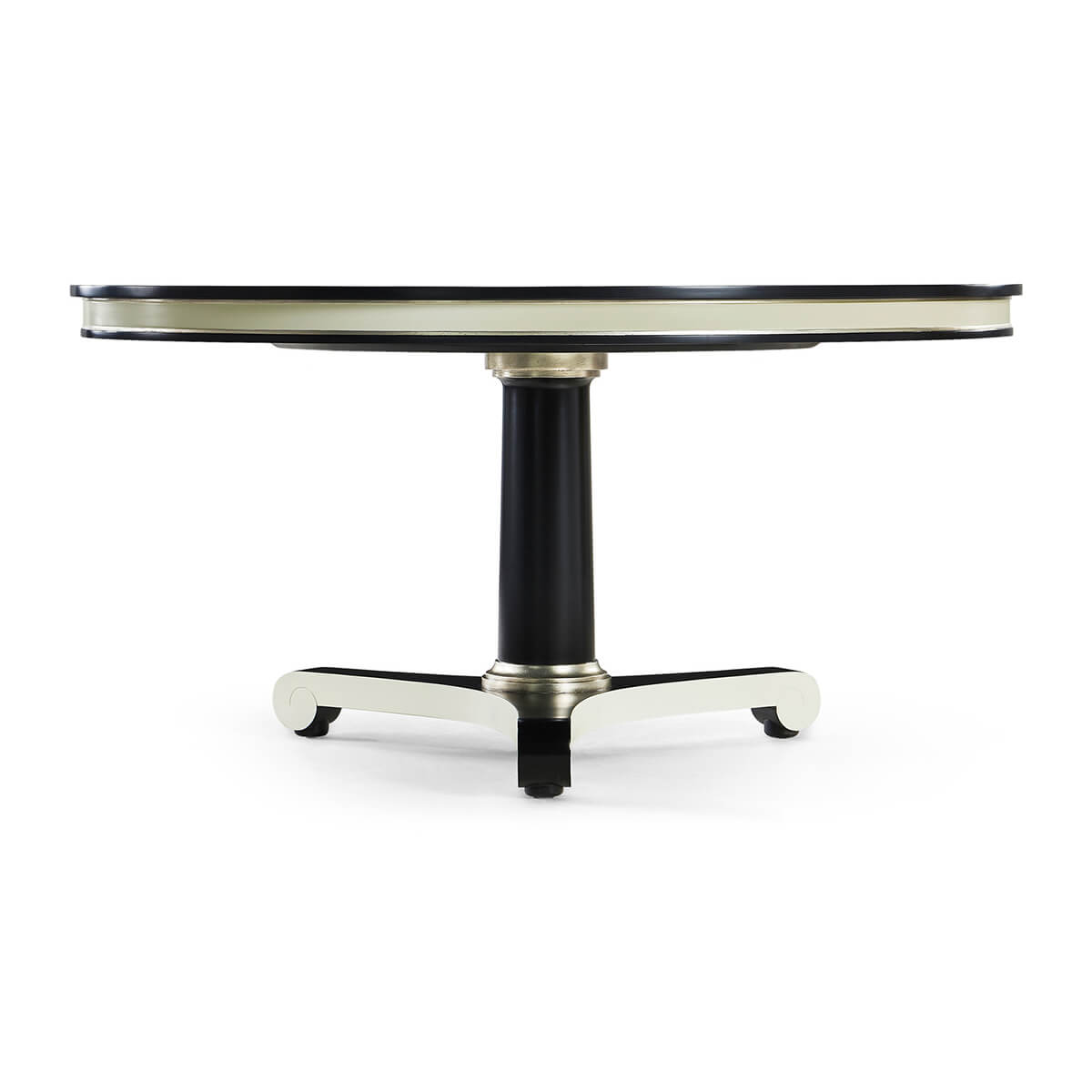 Side view of round black and white dining table.