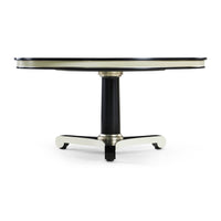 Side view of round black and white dining table.