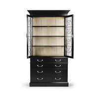 Black display cabinet, open doors, interior shelves visible.