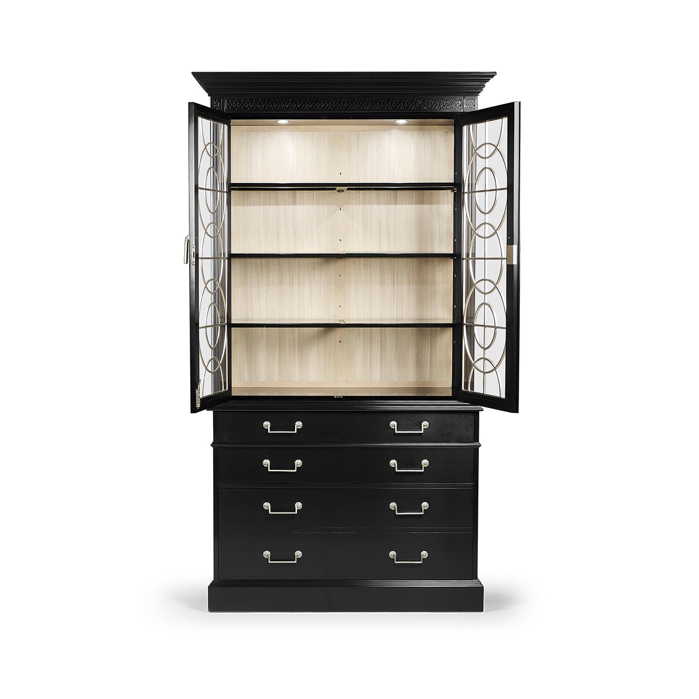 Black display cabinet, doors open, symmetrical interior view.