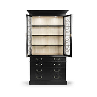 Black display cabinet, doors open, symmetrical interior view.