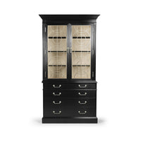 Black display cabinet, front view with ornate design.