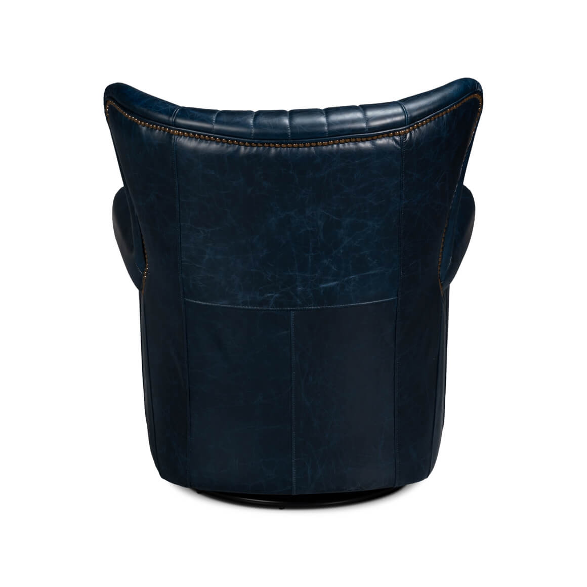 Blue leather swivel chair, back view, smooth leather finish.