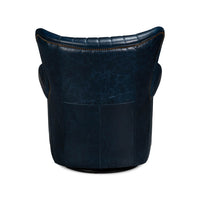 Blue leather swivel chair, back view, smooth leather finish.