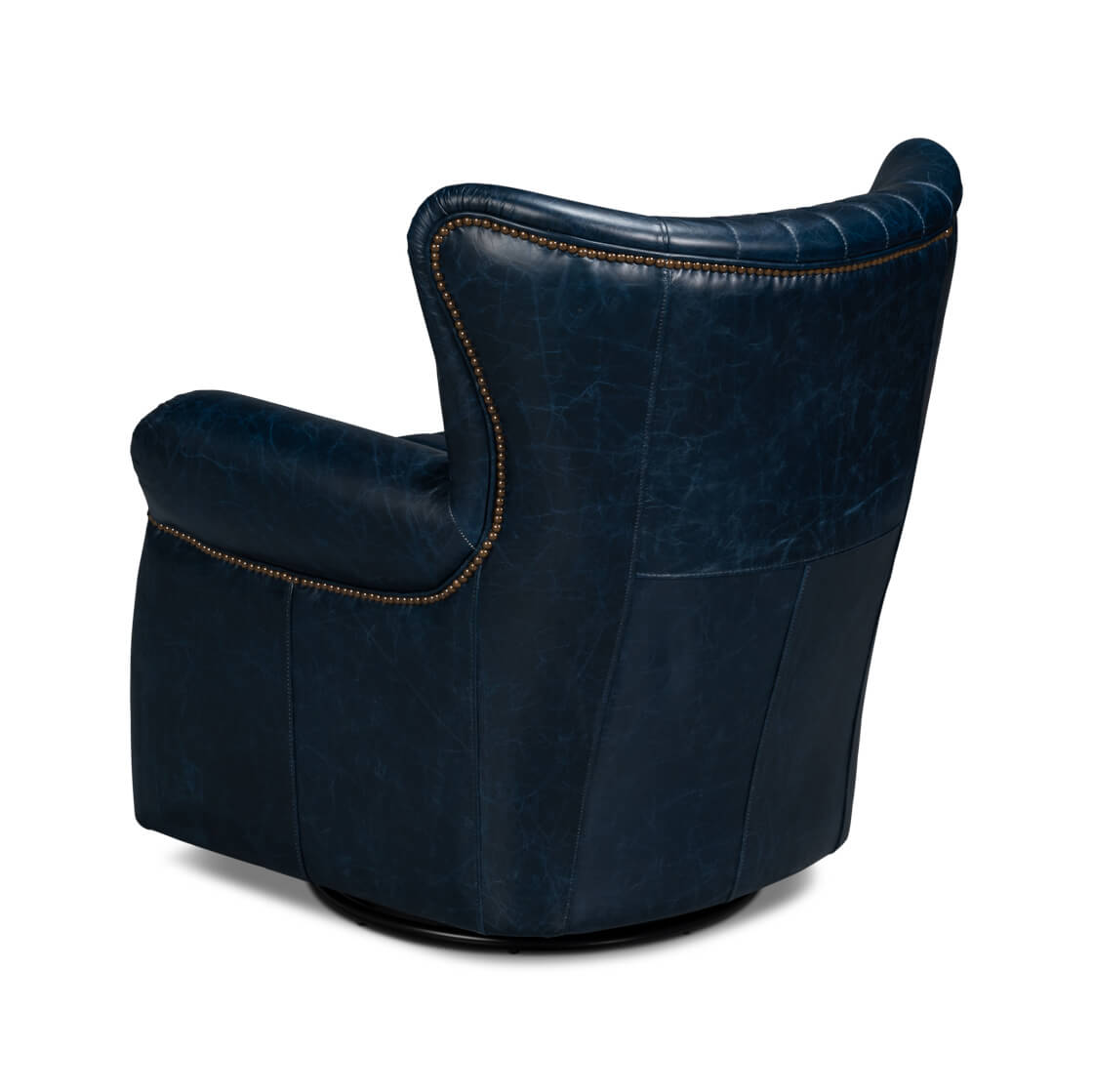 Blue leather swivel chair, rear-left view, nailhead trim.