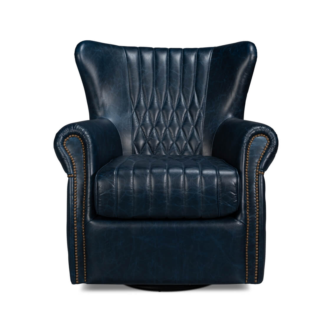 Blue leather swivel chair, front view, quilted backrest.