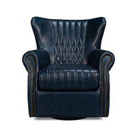 Blue leather swivel chair, front view, quilted backrest.