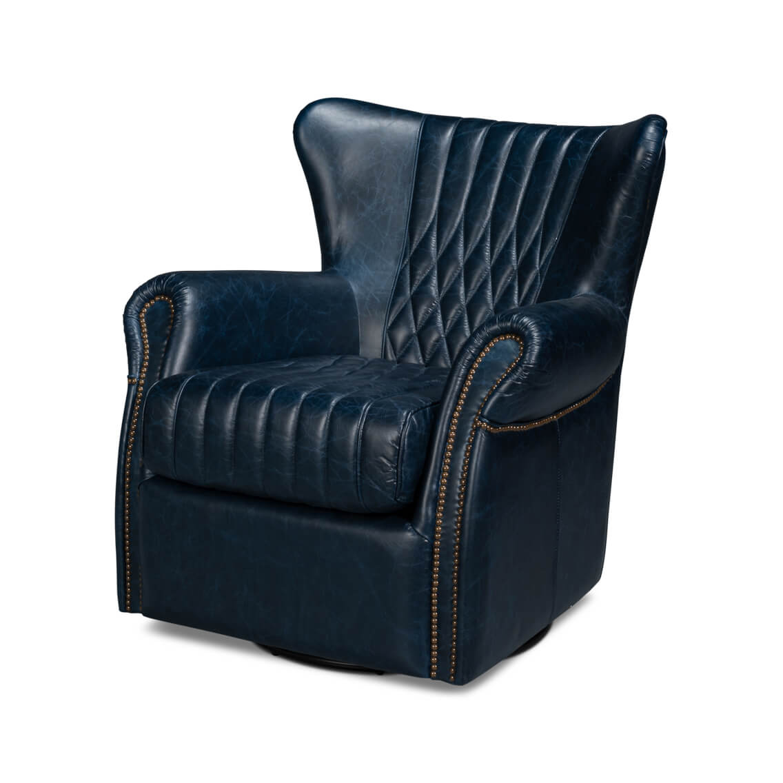 Blue leather swivel chair, front-left view, accent chair.