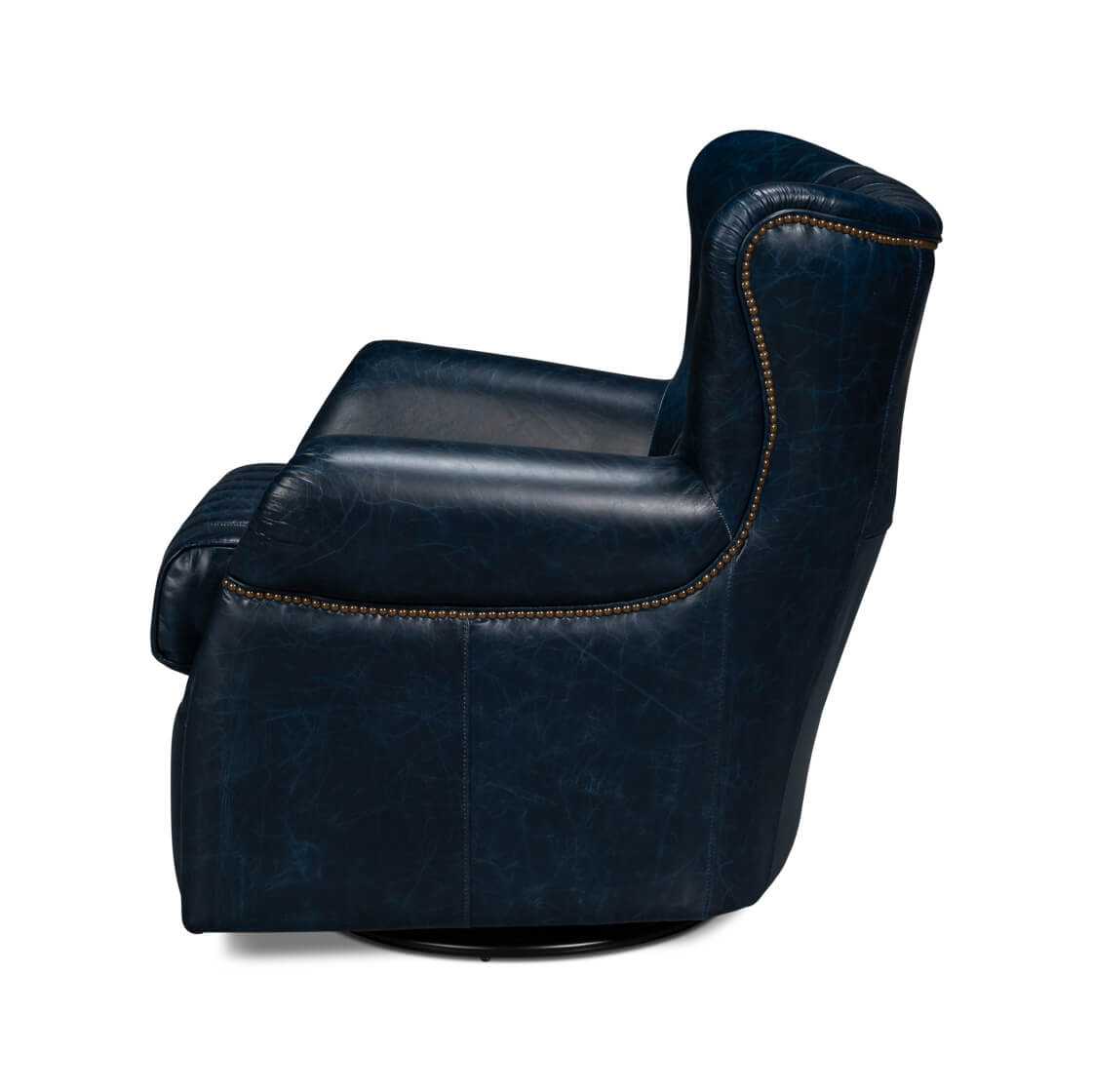 Blue leather swivel chair, side view, armrest details.
