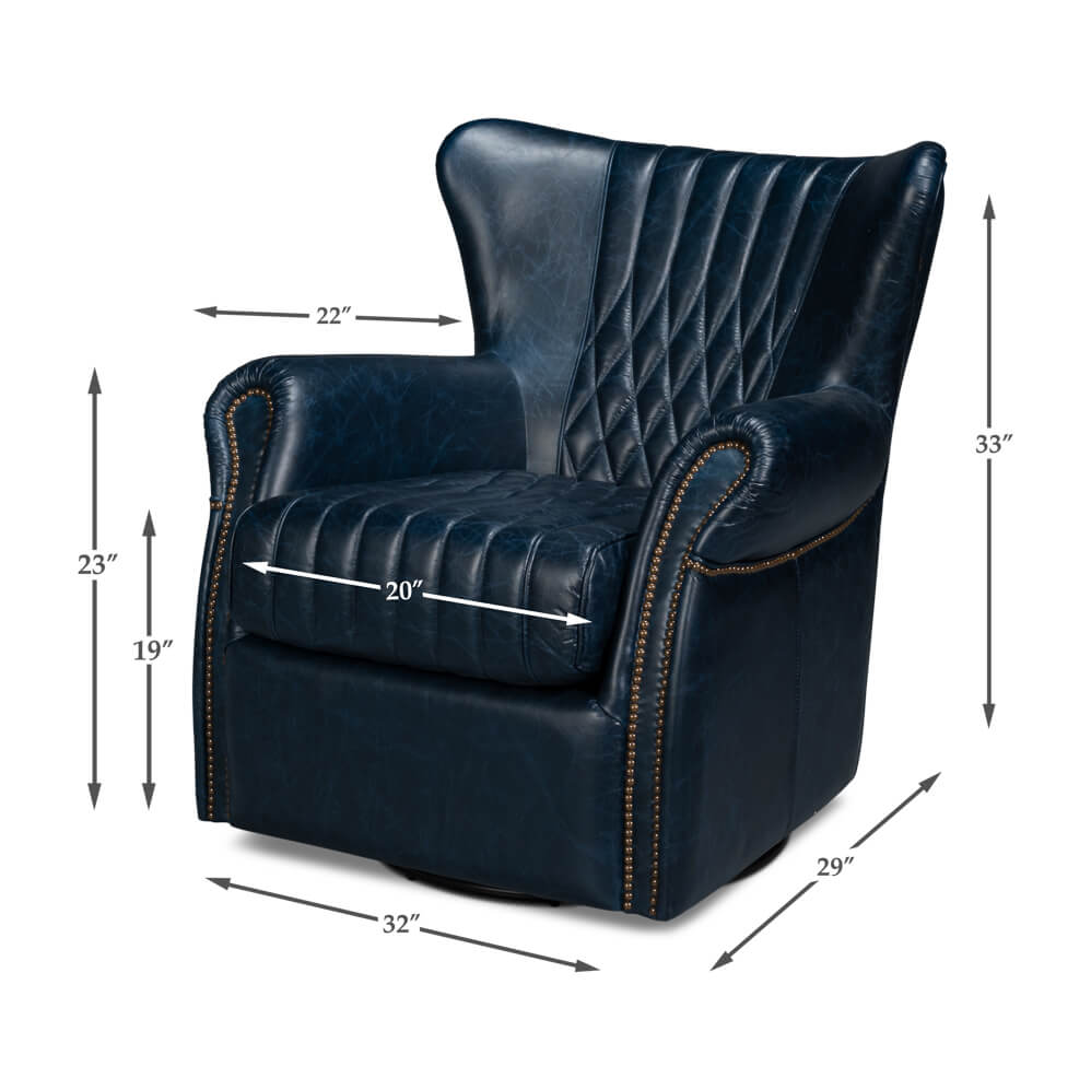 Blue leather swivel chair, dimensions illustrated, side view.