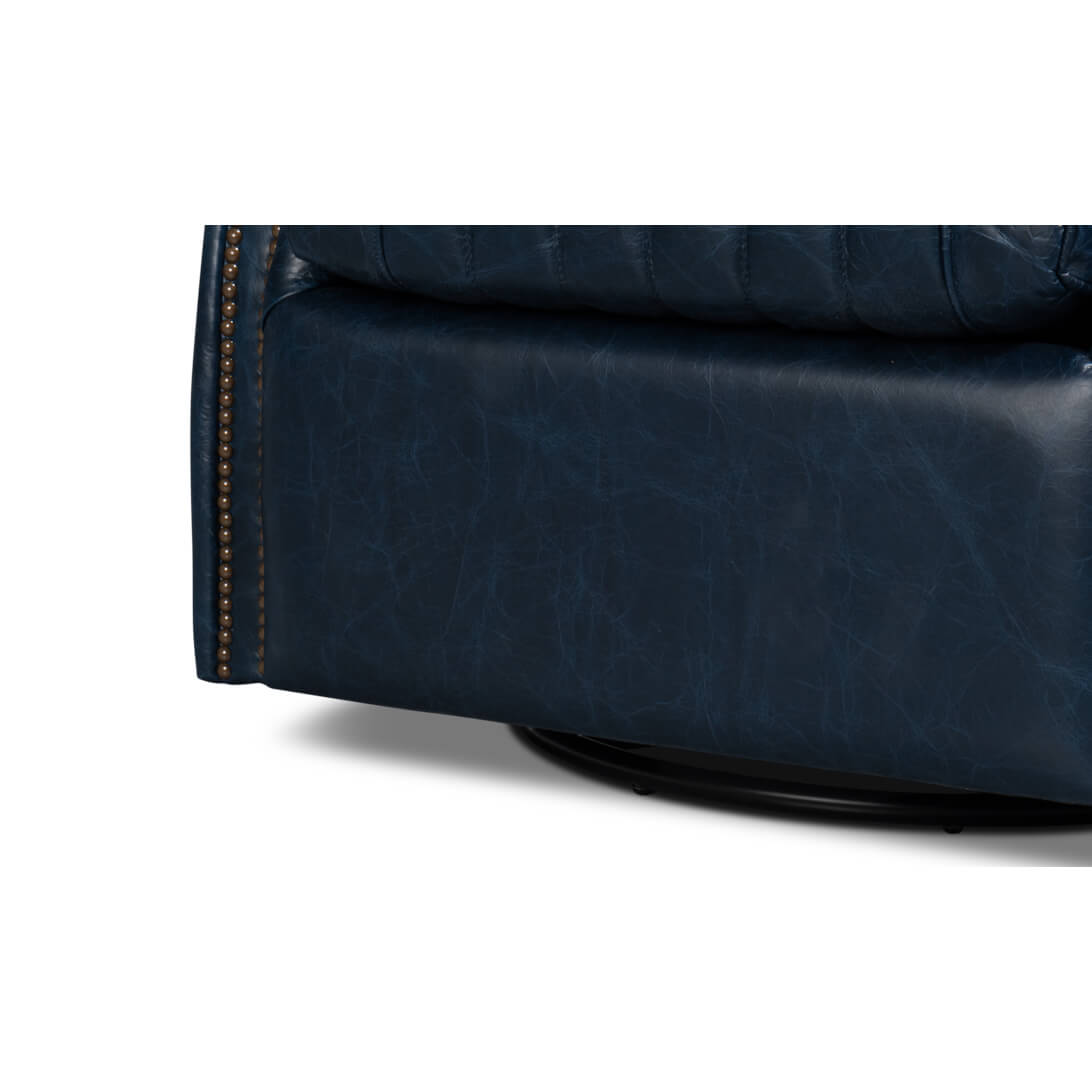 Blue leather swivel chair, base detail, smooth leather finish.