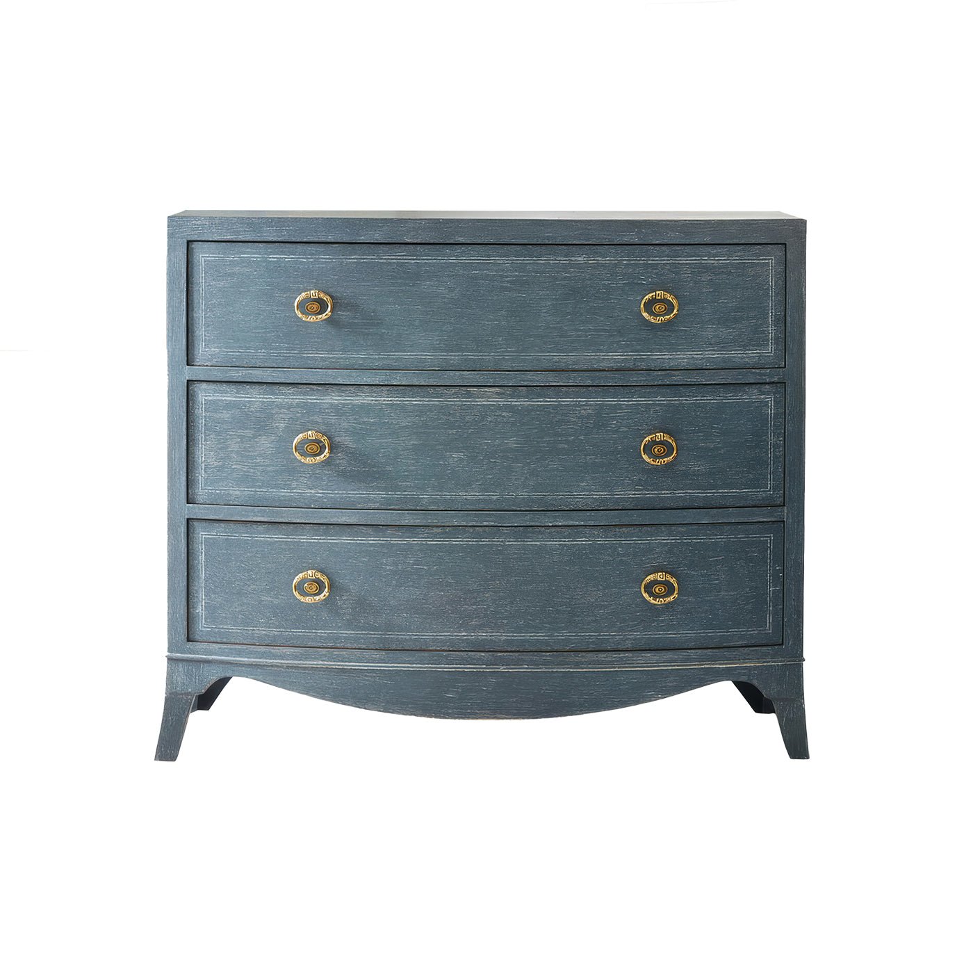 Blue painted bedside chest with three drawers front view.