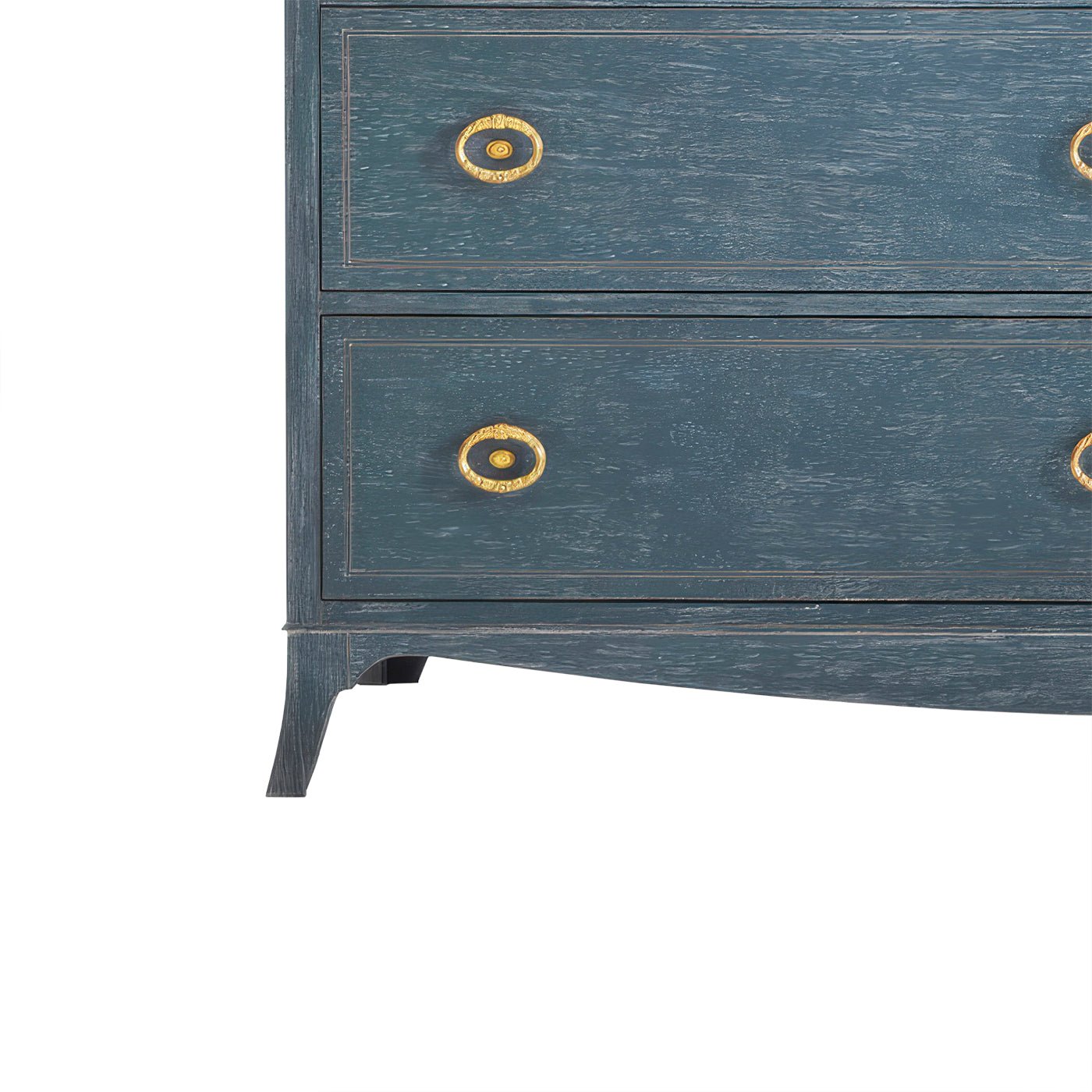 Detail of dresser's lower drawers and leg design.