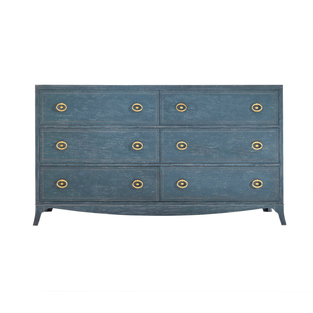 Blue painted dresser with six drawers, front view.